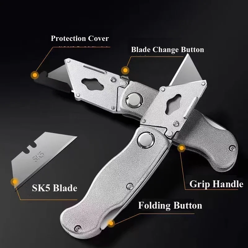 Couteau Pliant Rétractable pour Électricien, Coupe Tranchante, Robuste, Lame à Manche en Plastique Aluminium avec Serrure, Ensemble Portable