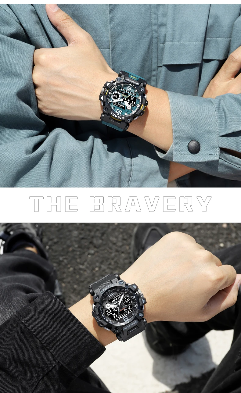 SMAEL – montre de sport étanche à double affichage pour homme, accessoire militaire, chronomètre, alarme, à Quartz, numérique, 8072