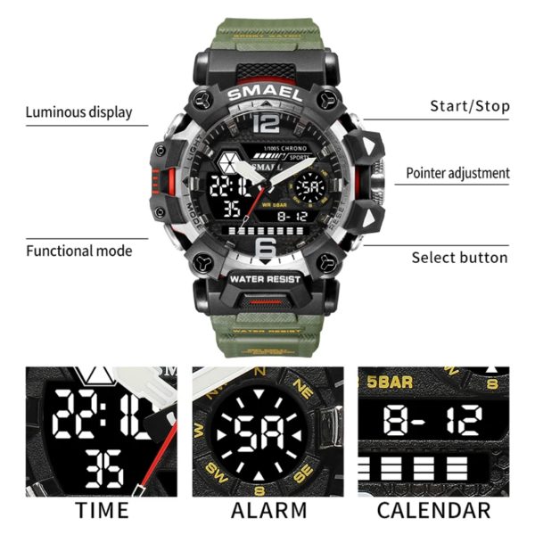 SMAEL – montre de sport étanche à double affichage pour homme, accessoire militaire, chronomètre, alarme, à Quartz, numérique, 8072 – Image 4